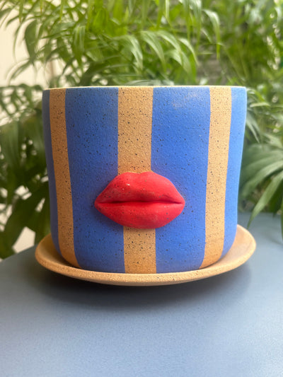 Vertical Stripes Lips Planter with Plate